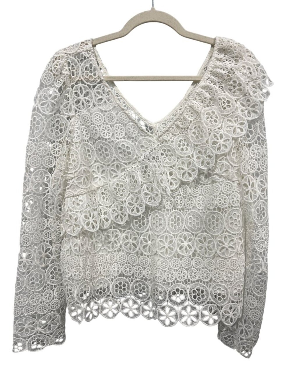 Lucy Paris Blouse Large V-Neck Lace Long Sleeve White Ruffle Minimalist Career